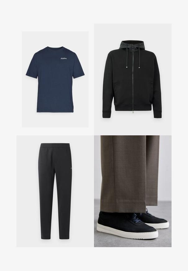 Black zip-up hoodie made of soft fabric. Features a patterned hood lining, drawstrings, and side pockets. Smooth texture, relaxed fit.; Navy blue cotton t-shirt with short sleeves. Features a small white embroidered logo on the left chest area. Crew neckline.; Black jogger pants made of soft fabric, featuring an elastic waistband, straight legs, and a single small logo detail on the side.; Black suede sneakers with white rubber soles, featuring a rounded toe and laces, worn with gray tailored pants.