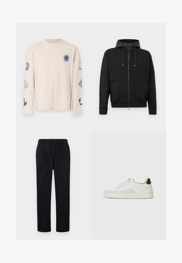 Black zip-up hoodie made of soft fabric. Features a patterned hood lining, drawstrings, and side pockets. Smooth texture, relaxed fit.; Long-sleeve, beige T-shirt made of cotton. Features blue graphic prints on the chest and sleeves, with various geometric designs.; Black trousers made of smooth fabric, featuring a drawstring waist, straight legs, and front pleats for a structured look.; White sneaker with suede accents, rounded toe, flat laces, and a cream rubber sole. Features green branding on the heel.