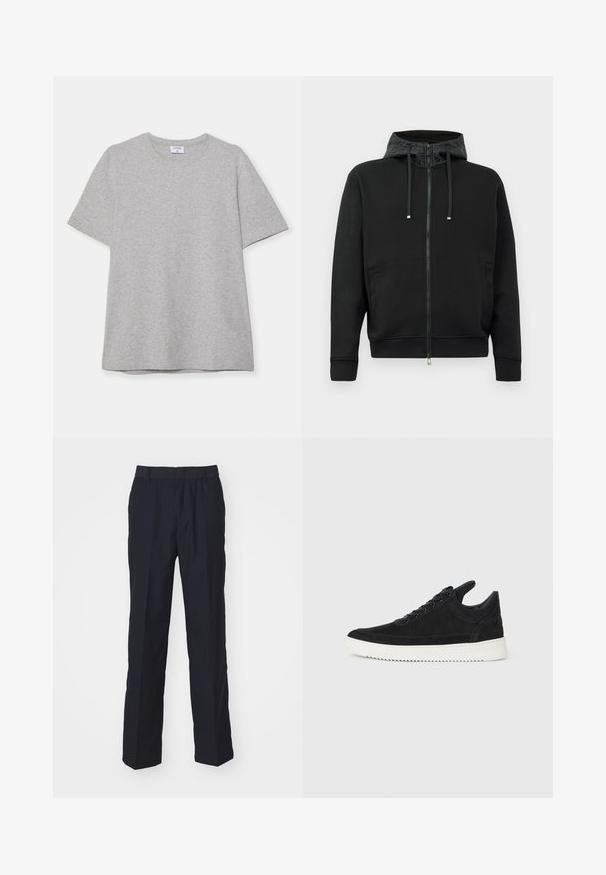 Melna zip-up kapuce, izgatavota no mīksta auduma. Iezīmēta ar rakstainu kapuces oderi, auklām un sānu kabatām. Gluda tekstūra, brīvs piegriezums.; Pelēks īsā piedurkņu T-krekls, kas izgatavots no mīkstas, teksturētas auduma. Tam ir klasiskā apļa kakla izgriezums un taisna apakšmalā, piemērots ikdienas valkāšanai.; Jūras zila tēja, kas izgatavota no viegla auduma, ar taisnām kājām, elastīgu jostasvietu un bez redzamām kabatām vai rakstiem.; Melna zamša apavi ar baltu gumijas zoli, ar tonālu izšuvumu un auklu dizainu. Gluda tekstūra ar mūsdienīgu, plūstošu formu.