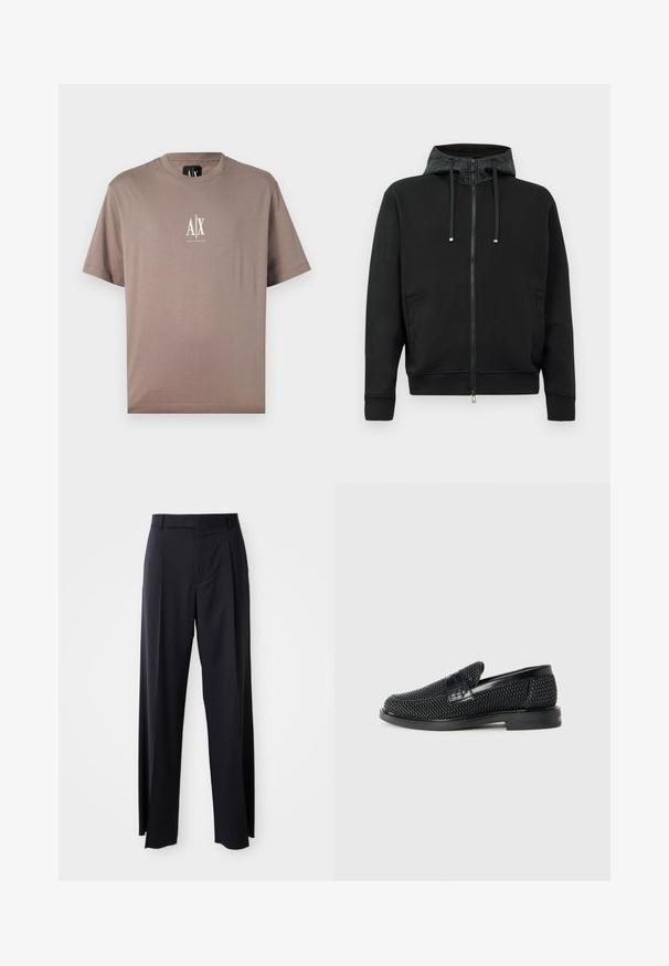 Corta-vento preto com fecho éclair feito de tecido macio. Apresenta um forro de capuz estampado, cordões e bolsos laterais. Textura suave, ajuste descontraído.; T-shirt de algodão castanho com gola redonda, mangas curtas e uma impressão de logo branca "A|X" no peito. Textura suave, design minimalista.; Calças pretas de cintura alta, com corte amplo, feitas de um tecido suave. Apresentam pregas frontais e passadores para cinto. Design minimalista, sem hardware visível.; Sandalha preta entrelaçada com um accento de couro liso na parte superior, design de biqueira redonda e sola de borracha de perfil baixo.