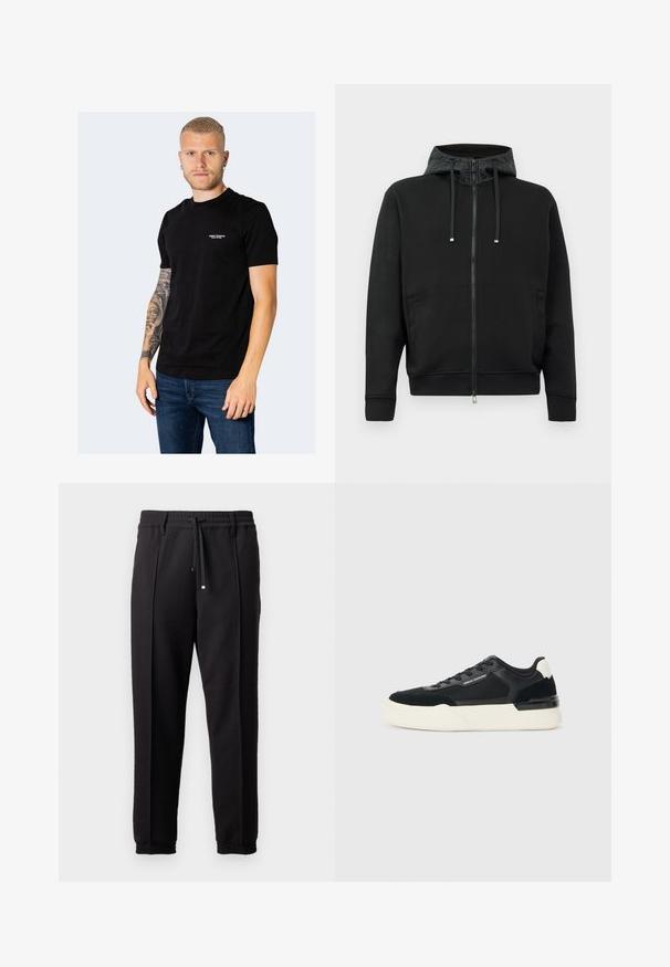 Črna zip-up kapuca, izdelana iz mehkega blaga. Ima vzorčeno podlogo kapuce, vrvico in stranske žepe. Ima gladko teksturo in sproščen kroj.; Črna bombažna majica s kratkimi rokavi, okroglo izrezana in z malim vezenim logotipom na prsih. Nosi se z modrimi jeans hlačami.; Črne hlače z pasom, vrvico in elastičnimi manšeti. Imajo nabore in gladko teksturirano blago.; Črne superge iz mrežastega materiala in usnja, z debelim belim podplatom in kontrastnimi poudarki. Pertle in detajl logotipa ob strani.