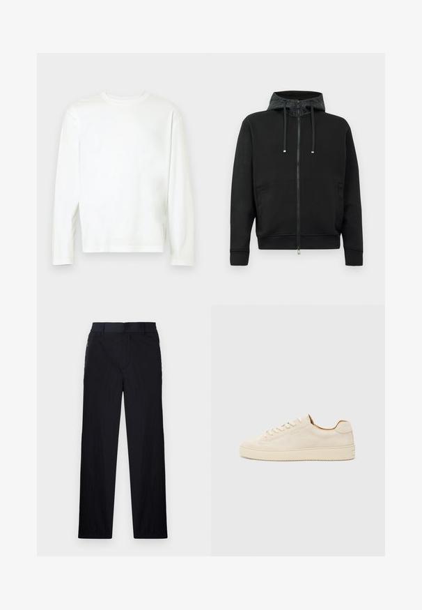 Corta-vento preto com fecho éclair feito de tecido macio. Apresenta um forro de capuz estampado, cordões e bolsos laterais. Textura suave, ajuste descontraído.; T-shirt de manga longa branca em algodão suave, com decote redondo, fendas laterais e um corte descontraído. Textura suave, sem padrões ou detalhes.; Calças pretas com um tecido leve e texturizado, design de pernas retas, cintura elástica e bolsos laterais com fecho.; Sapatilhas de camurça bege com um design de cano baixo, bico redondo, atacadores planos e uma sola de borracha texturizada. Estilo minimalista sem logótipos visíveis.