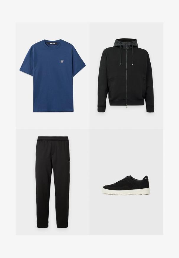 Musta vetoketjullinen huppari pehmeästä kankaasta. Sisältää kuvioidun hupun vuorin, narut ja sivutaskut. Sujuva tekstuuri, rento istuvuus.; Tummansininen puuvillapaita, jossa on pyöreä kaula-aukko, lyhyet hihat ja pieni soikea logo vasemmassa rinnassa. Näyttävä rakenne, rento malli.; Mustat elastiset vyötärönauhat ja kapeat lahkeet, joissa on pieni logo yläreidessä, esillä valkoisella taustalla.; Mustat mokkakengät nauhoilla ja kontrastivalkoisella kumipohjalla. Varustettu teksturoiduilla sivupaneeleilla ja huomaamattomalla brändäyksellä kantapäässä.