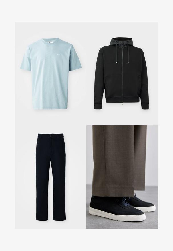 Fekete cipzáras kapucnis pulóver puha anyagból. Mintás kapucni bélés, zsinórok és oldalsó zsebek jellemzik. Simára fésült textúra, laza fazon.; Világoskék pamut póló rövid ujjakkal, kerek nyakkivágással és apró fehér logóval az elején. Simább textúra, lezser fazon.; Sötétkék pamut nadrág, egyenes szárú fazonnal, elülső gombos záródással és klasszikus derékkal, övhurkokkal.; Fekete velúr sportcipők fehér gumitalppal, kerek orrú, fűzős kialakítással, szürke, szabott nadrággal párosítva.