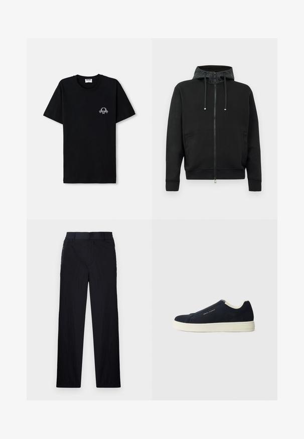 Svart zip-up hettegenser laget av mykt stoff. Har et mønstrete fôr i hetten, snorer og sidelommer. Glatt tekstur, avslappet passform.; Svart bomulls t-skjorte med rund hals. Har et lite hvitt grafisk design på brystet. Korte ermer og rett kant.; Sorte bukser med lett og teksturert stoff, rett ben-design, elastisk midjebånd og sidelommer med glidelås.; Marinblå mockaskinn slip-on sneakers med en hvit gummisåle, med en sydd design og subtil merkevare på siden.