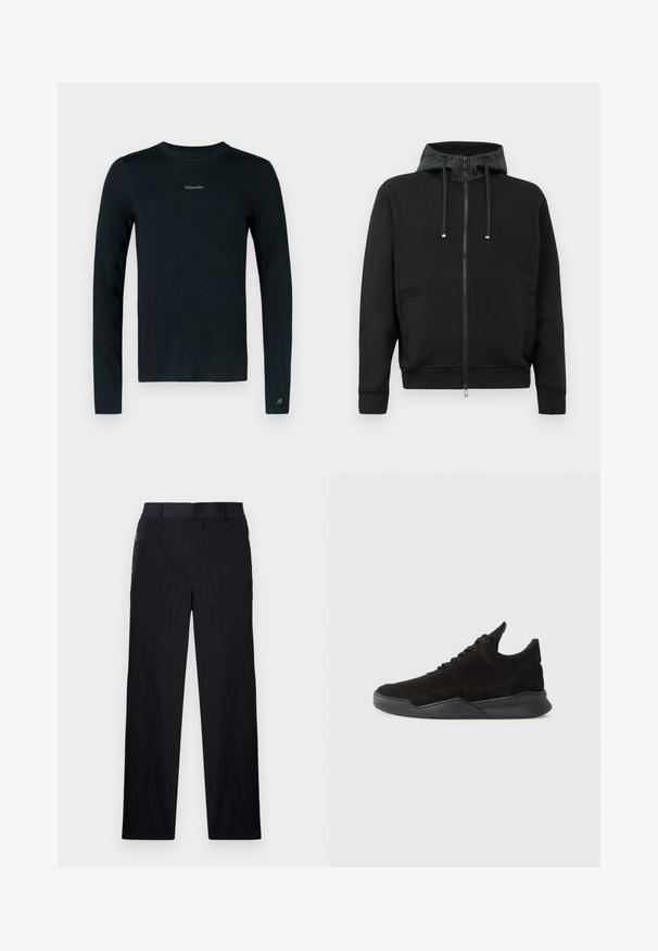 Hanorac cu fermoar negru, fabricat dintr-un material moale. Dispune de o căptușeală cu model pe glugă, șnururi de ajustare și buzunare laterale. Textură netedă, croială lejeră.; Cămașă neagră cu mâneci lungi și decolteu rotund. Prezintă un logo subtil în centru. Confecționată dintr-un material fin și ușor.; Pantaloni negri dintr-un material ușor, texturat, cu croială drept pentru picioare, talie elastică și buzunare laterale cu fermoar.; Tenis negri din suede cu profil joacă, superior texturat, sireturi plate și o talpă din cauciuc solidă cu un toc ușor și un design curbat.