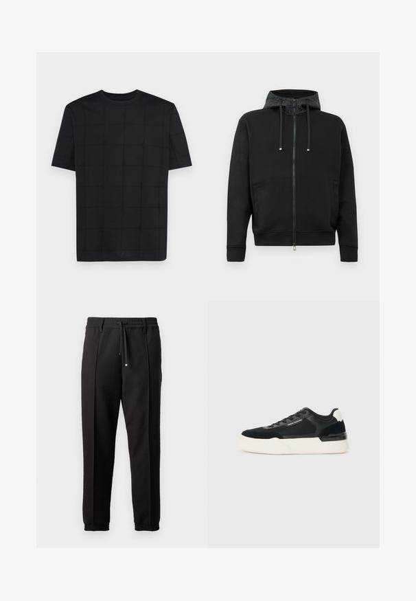 Černá zipová mikina vyrobená z měkké tkaniny. Obsahuje vzorovanou podšívku kapuce, stahovací šňůrky a boční kapsy. Hladká textura, uvolněný střih.; Armani Exchange Triko s potiskem - black; Černé kalhoty s páskem, šňůrkou na stažení a elastickými manžetami. Obsahují sklady a hladkou, strukturovanou látku.; Černé tenisky vyrobené z mřížkového materiálu a kůže, s výraznou bílou podešví a kontrastními akcenty. Šněrování a detail loga na straně.
