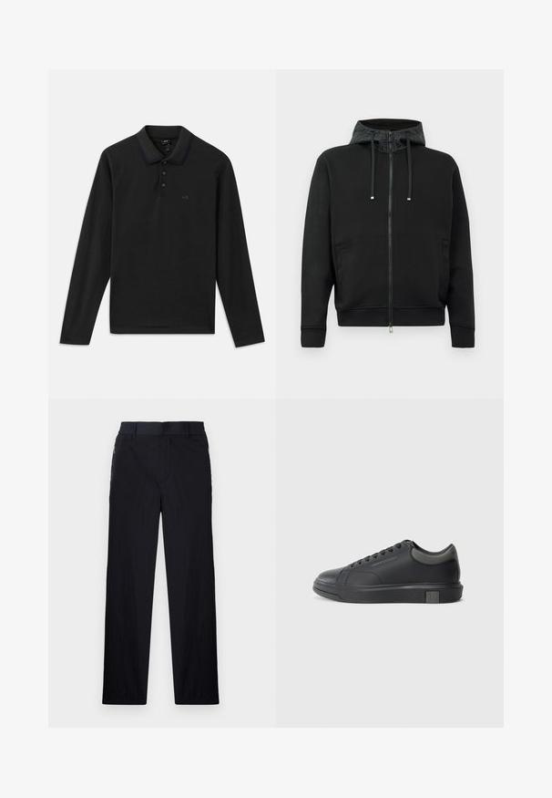 Μαύρο φούτερ με φερμουάρ φτιαγμένο από μαλακό ύφασμα. Διαθέτει επένδυση με σχέδιο στην κουκούλα, κορδόνια και πλαϊνές τσέπες. Λείο υλικό, άνετη εφαρμογή.; Μαύρη polo μπλούζα με μακριά μανίκια και ριγωτό γιακά, διαθέτει τρία κουμπιά στο χώρισμα και διακριτό λογότυπο στο στήθος. Μαλακό βαμβακερό ύφασμα.; Μαύρο παντελόνι με ελαφρύ, υφασματοποιημένο φινίρισμα, ευθύ γραμμή, ελαστική ζώνη στη μέση και πλαϊνές τσέπες με φερμουάρ.; Μαύρο δερμάτινο αθλητικό παπούτσι με λεία επιφάνεια, στρογγυλή μύτη και σκούρες γκρίζες λεπτομέρειες. Διαθέτει σχέδιο με κορδόνια και υφασμάτινη αντιολισθητική σόλα.