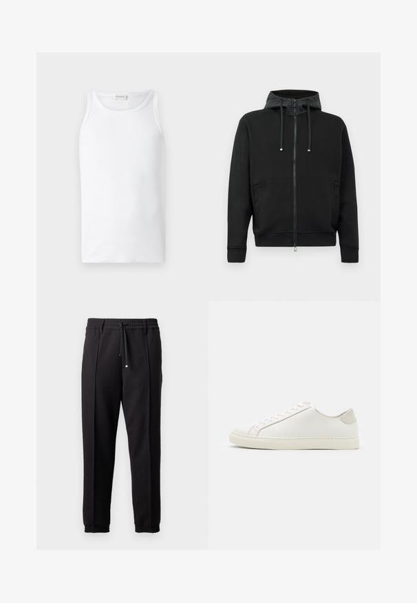 Čierna mikina na zips vyrobená z mäkkej tkaniny. Obsahuje vzorovaný podšívku kapuce, šnúrky a bočné vrecká. Hladká textúra, uvoľnený strih.; Biely top bez rukávov vyrobený z rebrovanej bavlny, s okrúhlym výstrihom a hladkou textúrou, bez viditeľných vzorov.; Čierne nohavice s pásom, šnúrkou na stiahnutie a elastickými manžetami. Obsahujú pútkové prešitia a hladkú, textúrovanú látku.; Biele kožené tenisky s hladkým povrchom, okrúlym špičkou a minimalistickým dizajnom. Obsahujú béžové akcenty na päte a gumovú podrážku.