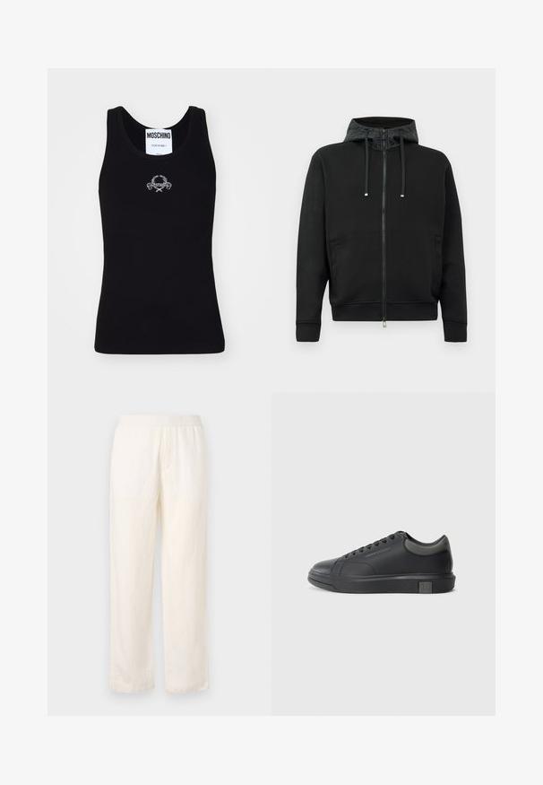 Svart zip-up hettegenser laget av mykt stoff. Har et mønstrete fôr i hetten, snorer og sidelommer. Glatt tekstur, avslappet passform.; Svart ribbet tanktop med rund hals, med et hvitt brodert logodesign i midten. Laget av et mykt, elastisk stoff.; Lettvekts, kremfargede bukser med elastisk midje, rak ben-design og subtil tekstur. Har ingen synlige lommer.; Sorte lærersneakers med en glat finish, rund tå og mørkegrå detaljer. Har snørebånd og en struktureret gummisål.