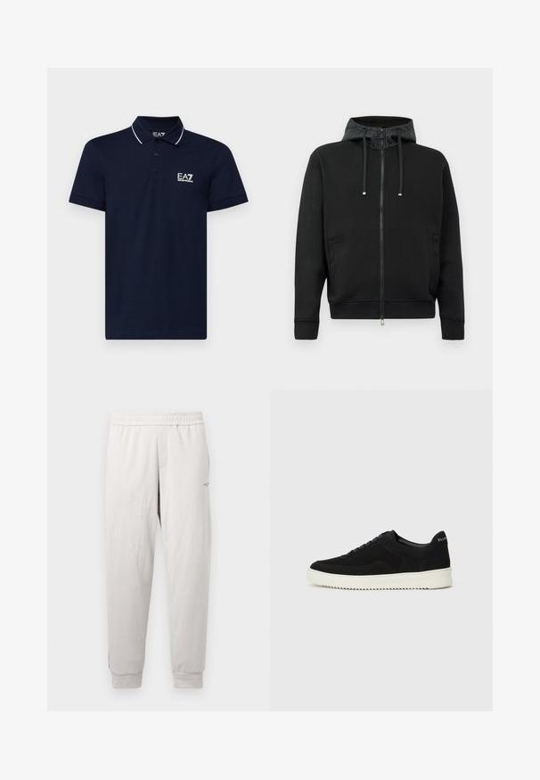 Corta-vento preto com fecho éclair feito de tecido macio. Apresenta um forro de capuz estampado, cordões e bolsos laterais. Textura suave, ajuste descontraído.; Camisa polo azul-marinho feita de algodão, com colarinho clássico, placket de três botões e linhas de destaque brancas ao redor do colarinho e das mangas. Logotipo EA7 em branco.; Calças de moletão cinza claro com uma cintura elástica, bolsos laterais, punhos canelados e uma marcação subtil na perna, feitas de um tecido suave.; Sapatilhas de camurça pretas com design de atacadores e sola de borracha branca em contraste. Apresenta painéis laterais texturizados e uma marcação discreta no calcanhar.