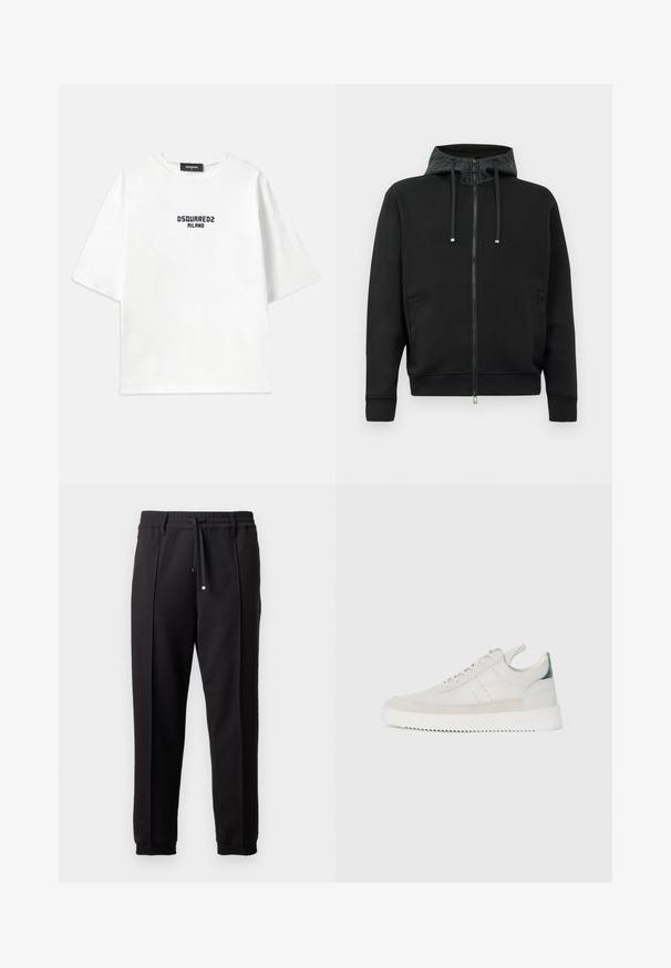 Hanorac cu fermoar negru, fabricat dintr-un material moale. Dispune de o căptușeală cu model pe glugă, șnururi de ajustare și buzunare laterale. Textură netedă, croială lejeră.; Dsquared2 LOOSE FIT TEE - Tricou cu imprimeu - white/dark navy; Pantaloni negri cu un brâu, șnur și manșete elastice. Prezintă pliuri și un material neted, texturat.; Adidași din piele albă cu accente din sueded gri, design cu șireturi, tab de prindere și talpă din cauciuc texturat cu un model în zigzag.