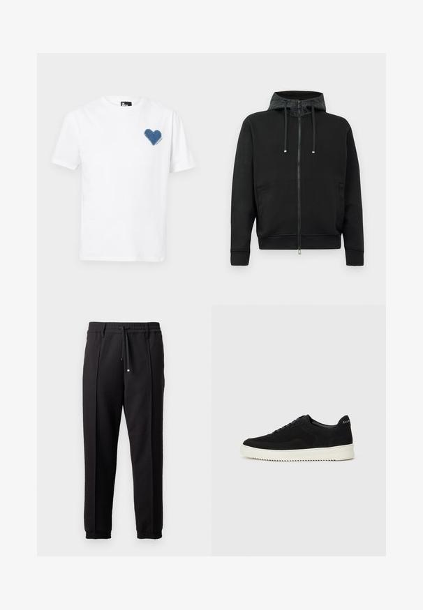 Sudadera negra con cremallera, hecha de una tela suave. Presenta un forro con patrón en la capucha, cordones y bolsillos laterales. Textura suave y corte relajado.; Camiseta de algodón blanca con un aplique en forma de corazón de mezclilla azul en el lado izquierdo del pecho. Mangas cortas y un cuello redondo clásico.; Pantalones negros con cinturilla, cordón y puños elásticos. Presentan pliegues y una tela lisa y texturizada.; Zapatilla de ante negra con diseño de cordones y suela de goma blanca contrastante. Presenta paneles laterales texturizados y un sutil logo en el talón.