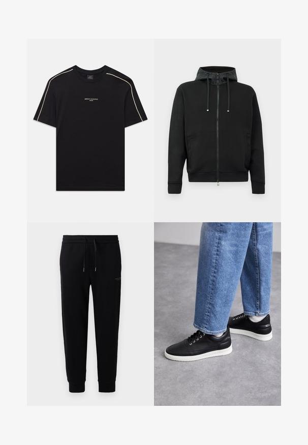 Sort zip-up hoodie lavet af blødt stof. Har mønstret foret i hætten, snoretræk og sidelommer. Glat tekstur, afslappet pasform.; Sort bomulds t-shirt med korte ærmer, rund hals, beige kontrastsyninger på skuldrene og ARMANI EXCHANGE-logoen i midten.; Sorte joggingbukser lavet af bomuldsblanding, med elastisk talje med snor, ribbede ankler og et diskret logo-print på siden.; Sorte lædersneakers med hvide gummisåler, featuring runde snørebånd, glat overflade og diskret branding på hælen. Båret med blå jeans.