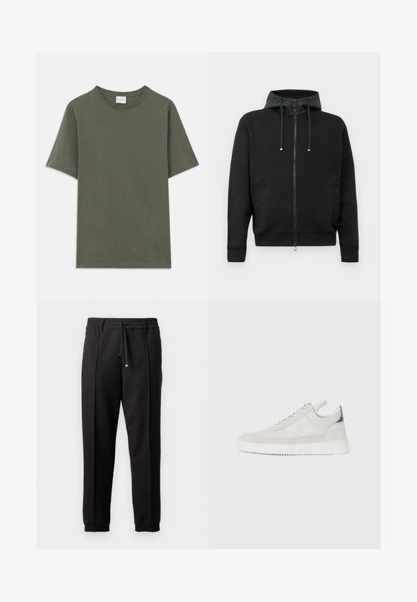 Μαύρο φούτερ με φερμουάρ φτιαγμένο από μαλακό ύφασμα. Διαθέτει επένδυση με σχέδιο στην κουκούλα, κορδόνια και πλαϊνές τσέπες. Λείο υλικό, άνετη εφαρμογή.; Κοντομάνικο μπλουζάκι crew neck σε σκούρο ελαιότατο πράσινο χρώμα, με μικρή λευκή ετικέτα μάρκας στο πίσω μέρος του λαιμού.; Μαύρο παντελόνι με ζώνη, κορδόνι και ελαστικές μανσέτες. Διαθέτει πτυχώσεις και μαλακό, υφή ύφασμα.; Λευκά δερμάτινα αθλητικά παπούτσια με γκρι σουέντ λεπτομέρειες, σχέδιο με κορδόνια, λαβή στο πίσω μέρος και υφασμάτινη σόλα από καουτσούκ με ζιγκ-ζαγκ σχέδιο.