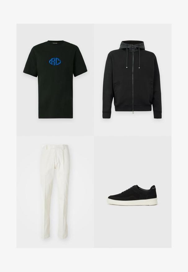 Svart zip-up hettegenser laget av mykt stoff. Har et mønstrete fôr i hetten, snorer og sidelommer. Glatt tekstur, avslappet passform.; Svart kortermet T-skjorte med blå "RC" logo brodert på midten foran, rund halslinning og vanlig passform.; Hvite bukser laget av bomull, med rett ben-design, flat front og uten synlige mønstre eller metallkomponenter. Glatt tekstur.; Svart semsket sneakers med snøring og kontrasterende hvit gummisåle. Har teksturerte sidepaneler og subtil merkevare på hælen.