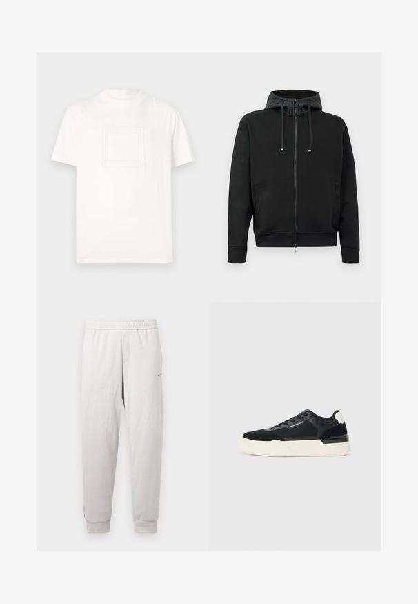Juodas užtrauktukas megztinis, pagamintas iš minkštos medžiagos. Su raštuota kapučio pamušalu, raišteliais ir šoninėmis kišenėmis. Lygus paviršius, laisvas kirpimas.; Balta trumpa rankovė T-marškiniai, pagaminti iš lygaus medvilninio audinio, su tekstūruotu kvadrato logotipu priekyje. Apykaklė su apvaliu iškirpimu ir patogus siluetas.; Šviesiai pilki sportiniai kelniai su elastingu juosmeniu, šoninėmis kišenėmis, raukinėtais rankogaliais ir subtilia ženklų užrašais ant kojos, pagaminti iš minkštos medžiagos.; Juodos sportinės bateliai, pagaminti iš tinklinės medžiagos ir odos, su storu baltu padu ir kontrastingais akcentais. Raišteliai ir logotipo detalės šone.