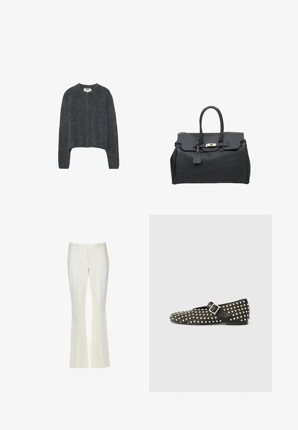 Tmavě šedý kardigan vyrobený z texturovaného pleteného materiálu, s kulatým výstřihem, dlouhými rukávy a šesti knoflíkovým zapínáním na přední straně.; Jednoduché bílé tričko s krátkým rukávem a kulatým výstřihem, slim fit, vystavené rovně na bílém pozadí.; Bílé rozšířené kalhoty z hladkého materiálu. Mají dvě přední kapsy a jedno přední zapínání na knoflík, s decentním prošíváním.; Černá plochá bota s kulatou špičkou, zdobená stříbrnými nýty. Má přezku přes nárt. Hladký povrch, nízký podpatek.; ESTRO Z WŁOSKIEJ - Kabelka - black
