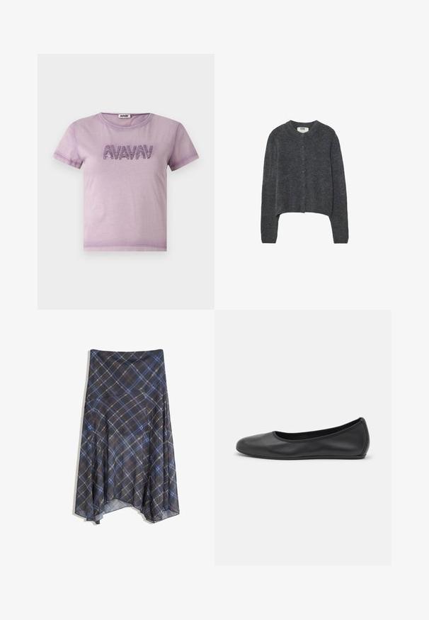 Mørkegrå cardigan lavet af struktureret strikket stof, med rund halsudskæring, lange ærmer og seks knaplukninger ned foran.; AVAVAV PRINTED - T-shirts print - purple; Sort ternet nederdel med blå og brune linjer, flydende design, midt-længde, lavet af letvægtsstof med en glat tekstur.; Sort læderballetsko med rund tå, glat tekstur, minimal syning og et fleksibelt såldesign.