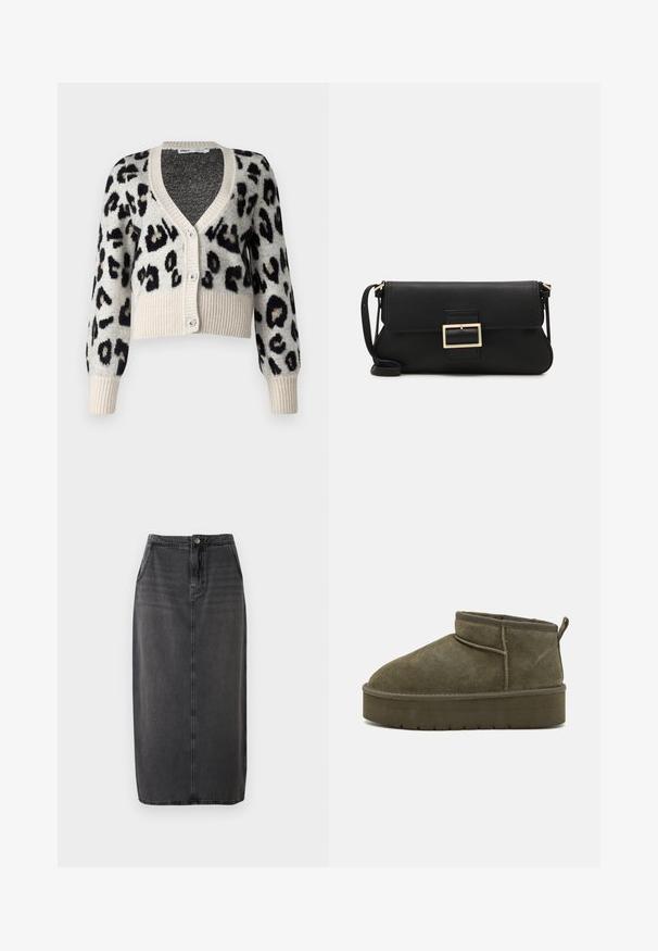 ONLY ONLSARA GLITTER - Cardigan - pumice stone/black/gold glitter; Top alb fără mâneci, confecționat din material ribbed, prezentând un decolteu rotund și o siluetă ajustată, cu cusături minime și fără ornamente.; Fustă midi din denim negru cu tăietură dreaptă, închidere cu nasturi în față și buzunare laterale. Prezintă o textură netedă și o decolorare subtilă.; Botine din suede verde măsliniu, cu vârful rotunjit, detalii cusute și o talpă groasă cu un model texturat. Tabă mică de prindere la spate.; Geantă de mână din piele neagră, cu clapetă și un detaliu din metal auriu. Include o curea neagră și un design elegant, minimalist.