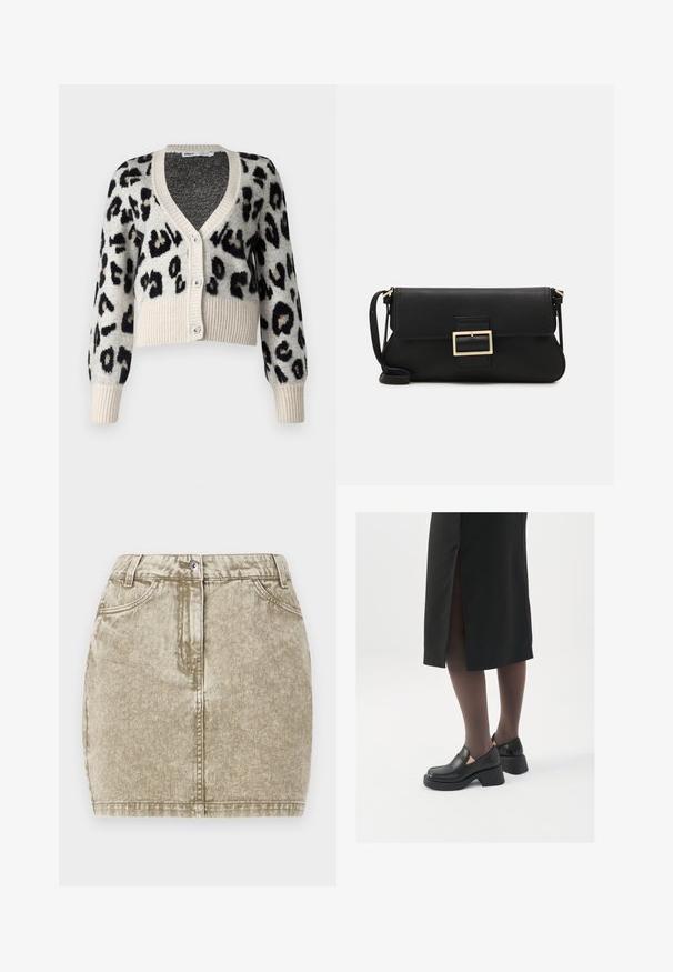 ONLY ONLSARA GLITTER - Kardigán - pumice stone/black/gold glitter; Biela bezrukávová tielko vyrobené z rebrovanej látky, s okrúhlym výstrihom a priliehavým strihom, s minimálnymi švami a bez ozdôb.; Khaki džínsová sukňa s textúrovaným povrchom, piatimi vreckami, predným zapínaním na gombík a prešívaním pozdĺž okrajov.; Čierne kožené topánky s okrúhlou špičkou, silným blokovým opätkom a elastickými bočnými akcentmi, skombinované s tmavými pančuchami a čiernou sukňou so štiepením.; Čierna kožená clutch taška s klopou a zlatým kovovým detailom s prackou. Obsahuje čierny remienok a elegantný, minimalistický dizajn.
