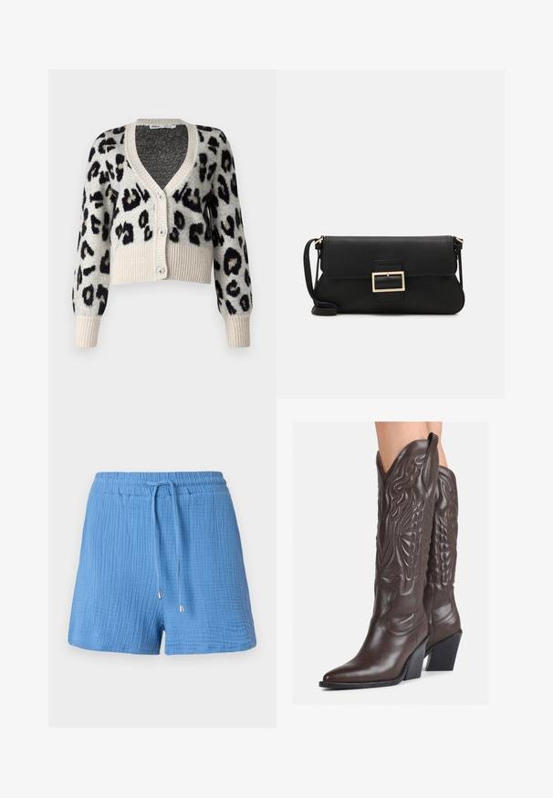 ONLY ONLSARA GLITTER - Jopica - pumice stone/black/gold glitter; Bela brezrokavna majica iz rebraste tkanine, z zaobljenim izrezom in prilegajočim silhueto, z minimalnimi šivi in brez okraskov.; Modre bombažne kratke hlače z teksturirano, nagubano zasnovo, elastičnim pasom, nastavljivim vrvico in kovinskimi konicami.; Rjave usnjene kavbojske čevlje z ostrim nosom in blok peto, ki vsebujejo podrobno šivanje in dvignjene dodatke na zgornjem delu.; Črna usnjena torbica na preklop z zlato kovinsko zaponko. Vključuje črn trak in eleganten, minimalističen dizajn.