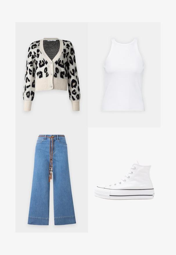 ONLY ONLSARA GLITTER - Kardiganas - pumice stone/black/gold glitter; Baltas be rankovių marškinėlis, pagamintas iš išklotinės medžiagos, su apvaliu iškirpimu ir prigludusia siluetu, minimaliais siūlais ir be dekoracijų.; Šviesiai mėlynos plačios džinsinės kelnės su nertomis rudos spalvos raišteliais juosmenyje, dekoruotos karoliukais ir tradicine penkių kišenių forma.; Balti aukštakulniai drobės sportbačiai su juodu guminio pado, priekinio guminio piršto dangteliu ir šešiais akytėmis raištams, pasižymintys švariu, minimalistiniu dizainu.