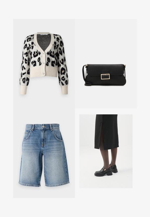 ONLY ONLSARA GLITTER - Vesta na kopčanje - pumice stone/black/gold glitter; Bijela majica bez rukava napravljena od rebraste tkanine, s okruglim izrezom i uklapajućim siluetom, s minimalnim šavovima i bez ukrasa.; Traperice kratke hlače svijetloplave boje s ravnim krojem, pet džepova i brončanim detaljima. Imaju drapirani rub i izblijedjeli izgled.; Crne kožne cipele s zaobljenim vrhom, debelim blok petama i elastičnim bočnim detaljima, uparene s tamnim čarapama i crnom suknjom s prorezom.; Crna kožna clutch torbica s preklopom i zlatnim metalnim detaljem kopče. Uključuje crnu trakicu i elegantan, minimalistički dizajn.