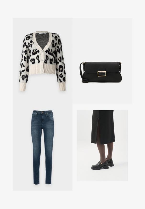 ONLY ONLSARA GLITTER - Vesta na kopčanje - pumice stone/black/gold glitter; Bijela majica bez rukava napravljena od rebraste tkanine, s okruglim izrezom i uklapajućim siluetom, s minimalnim šavovima i bez ukrasa.; Tamno plave, slim-fit traperice izrađene od denima; sadrže standardno zatvaranje na dugme i dizajn s pet džepova; glatka tekstura s minimalnim izblijeđenjem.; Crne kožne cipele s zaobljenim vrhom, debelim blok petama i elastičnim bočnim detaljima, uparene s tamnim čarapama i crnom suknjom s prorezom.; Crna kožna clutch torbica s preklopom i zlatnim metalnim detaljem kopče. Uključuje crnu trakicu i elegantan, minimalistički dizajn.