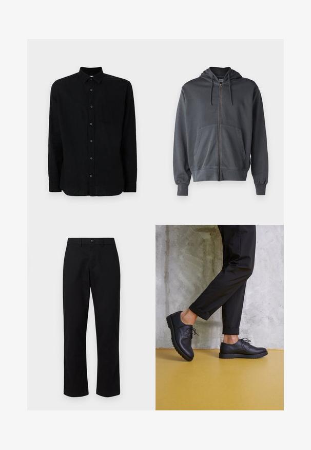 Szara bluza z kapturem na zamek, z przednią kieszenią i ściągaczami na rękawach. Wykonana z miękkiego materiału, charakteryzująca się prostym, czystym designem.; Czarna koszula z długim rękawem, wykonana z fakturowanej tkaniny, z zapięciem na guziki z przodu, pojedynczą kieszenią na piersi i klasycznym kołnierzykiem.; GAP - Chinosy; Czarne skórzane buty sznurowane z okrągłym noskiem, teksturowaną powierzchnią i grubą gumową podeszwą. Noszone z podwiniętymi czarnymi spodniami na tle betonowym.