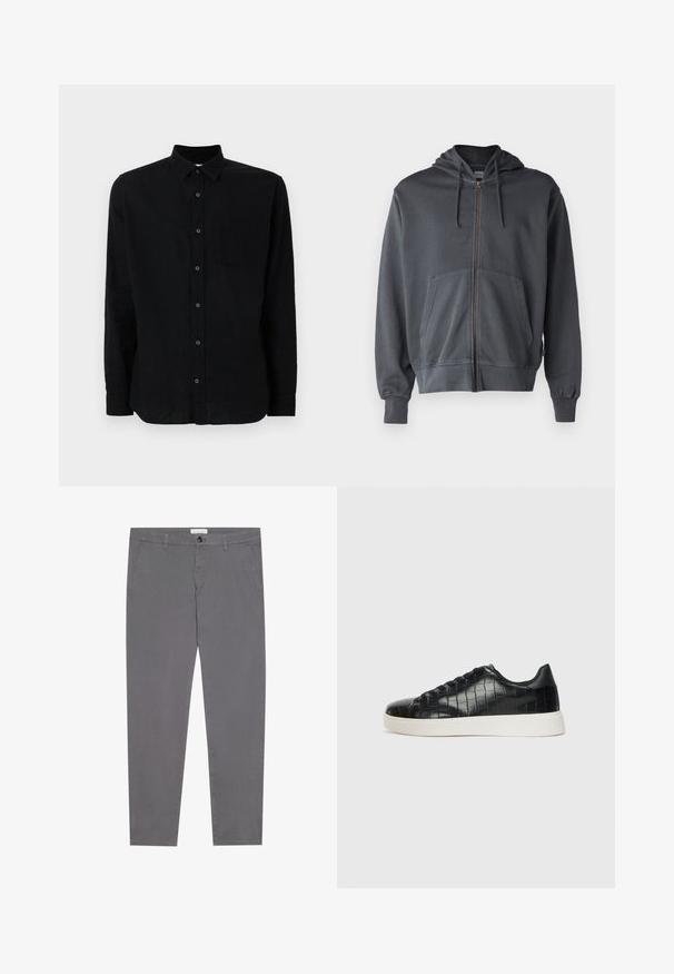 Szürke zipzáras kapucnis pulóver, elülső zsebbel és bordázott mandzsettákkal. Puha anyagból készült, egyszerű, letisztult dizájnnal.; Fekete, hosszú ujjú ing, textúrált anyagból, gombos elülső résszel, egyetlen mellzsebbel és klasszikus gallérral.; Szürke pamut nadrág, slim fit szabással, két elülső zsebbel, egy hátsó zsebbel és gombos derékzáródással.; Fekete sportcipő, amely texturált krokodilbőr felsőrésszel, kerek orral és sima felületű, kontrasztos fehér gumitalppal rendelkezik.
