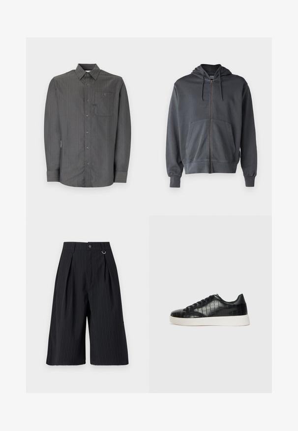 Grijze zip-up hoodie met een capuchon, voorvak en geribbelde manchetten. Gemaakt van zachte stof en heeft een eenvoudig, schoon ontwerp.; Grijze gestreepte lange mouwen shirt met een button-down kraag en borstzak, voorzien van kleine knopen en een gestructureerde stof.; Zwarte pinstripe shorts met plooien, een knoopsluiting en een metalen ringaccent. Glad materiaal met een getailleerde pasvorm en een knie-lange uitstraling.; Zwarte sneakers met een gestructureerde leren bovenkant met krokodilpatroon, een ronde neus en een contrasterende witte rubberen zool met een gladde afwerking.