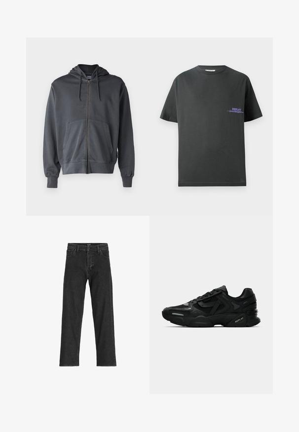 Šedá mikina na zip s kapucí, přední kapsou a žebrovanými manžetami. Vyrobena z měkkého materiálu, s jednoduchým, čistým designem.; Tmavě šedé bavlněné tričko s kulatým výstřihem. Na levé straně hrudi se nachází malý fialový potisk s nápisem "REPLAY". Krátké, rovné rukávy.; Černé džíny s rovnými nohavicemi, s zipem na přední části, poutky na pásek a šesti kapsami, vyrobené z odolné bavlněné směsi.; Černé sportovní sneakers s texturovaným svrchním materiálem, reflexními detaily a polstrovanou podrážkou. Mají šňůrky a logo značky na boku.