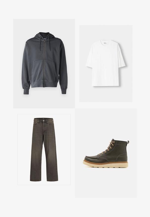 Gray zip-up hoodie with a hood, front pocket, and ribbed cuffs. Made from soft fabric, featuring a simple, clean design.; White short-sleeved t-shirt made from cotton, featuring a round neckline and a relaxed fit. Smooth texture, with no visible patterns or accents.; Wide-leg jeans in dark grey denim, featuring a high waist, classic five-pocket design, and contrasting stitching along the seams.; Dark green leather ankle boots with beige laces, padded collar, and textured rubber sole. Features waterproof marking and stitching details.