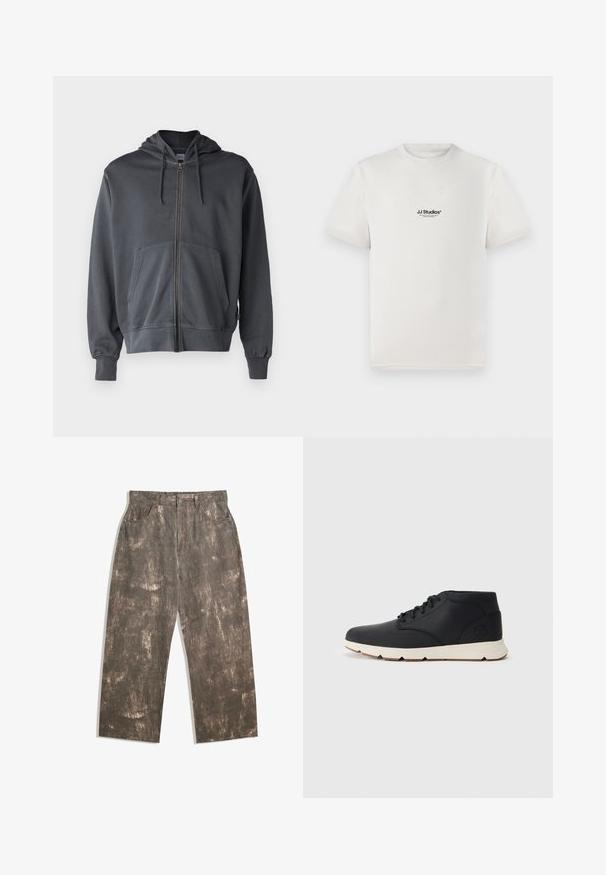 Siva zip-up majica s kapuljačom, prednjim džepom i rebrastim manžetama. Izrađena od mekane tkanine, s jednostavnim i čistim dizajnom.; Bijela pamučna majica s kratkim rukavima, na kojoj se nalazi crni logo "JJ Studios" na prsima. Ima okrugli izrez i standardni kroj.; Smeđe traperice s izblijedjelim, iznošenim uzorkom. Opustićemo kroj s pet džepova i prednjim kopčanjem na dugme.; Crne kožne chukka čizme s bijelim gumenim potplatom, s okruglim vezicama i ugraviranim logotipom na peti. Glatka tekstura kroz cijeli model.