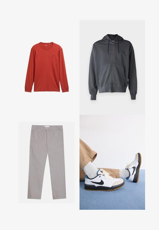Szürke zipzáras kapucnis pulóver, elülső zsebbel és bordázott mandzsettákkal. Puha anyagból készült, egyszerű, letisztult dizájnnal.; Hosszú ujjú póló tompa vörös színben, puha anyagból készült. Kerek nyakú, és egy kis logó található a mellkason. Normál szabású.; Világosszürke pamut nadrág, elasztikus derékrésszel, két oldalsó zsebbel, egyenes szárú kialakítással és sima textúrával. Egyszerű varrási részlet.; Fehér és fekete Nike sportcipők kék kiegészítőkkel, sima bőr felsőrész, gumitalp és fűzős zárás. Világosszürke zoknik és bézs nadrág.