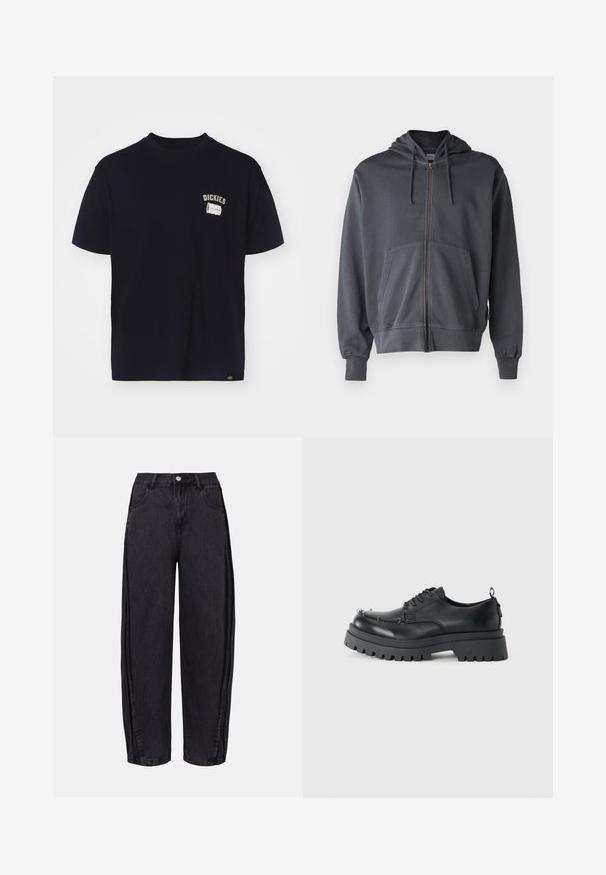Gray zip-up hoodie with a hood, front pocket, and ribbed cuffs. Made from soft fabric, featuring a simple, clean design.; Navy blue cotton t-shirt with short sleeves, featuring a chest graphic label and embroidery reading "DICKIES 100% GENUINE."; Black wide-leg jeans made of denim with a smooth texture. Features a high waist, front pockets, and button closure at the waistband.; Black chunky leather lace-up shoe with thick rugged sole and metal eyelets on toe area, photographed against a plain light background.