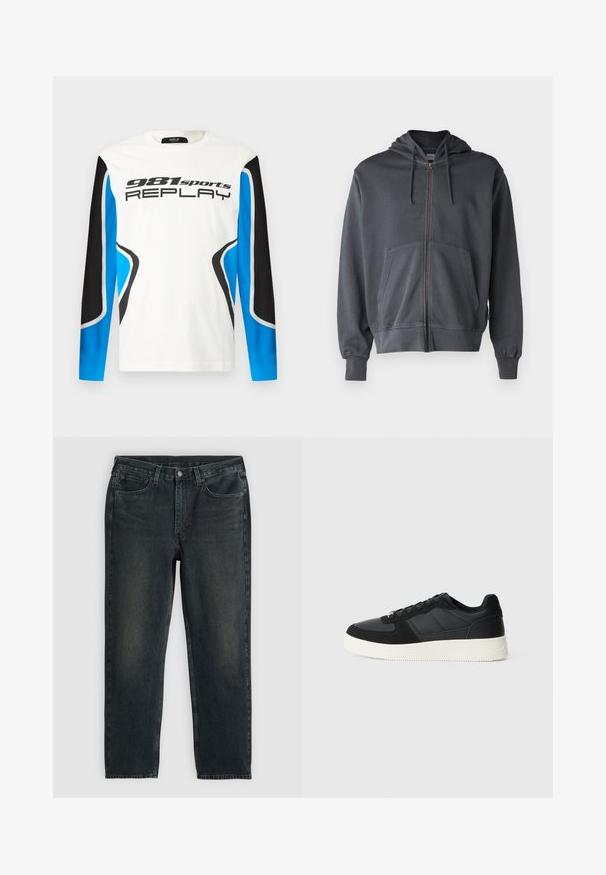 Grijze zip-up hoodie met een capuchon, voorvak en geribbelde manchetten. Gemaakt van zachte stof en heeft een eenvoudig, schoon ontwerp.; Langermige sportshirt met een witte voorkant, zwart en blauwe mouwen en het logo "981 sports REPLAY" gedrukt op de borst.; Donkerblauwe denim jeans met een recht model, voorzien van vijf zakken, een ritssluiting en contrasterende stiksels. Subtiele vervaging op de stof.; Zwarte low-top sneaker met gestructureerd leer en suède panelen, witte rubberen zool en zwarte veters op een effen lichte achtergrond.