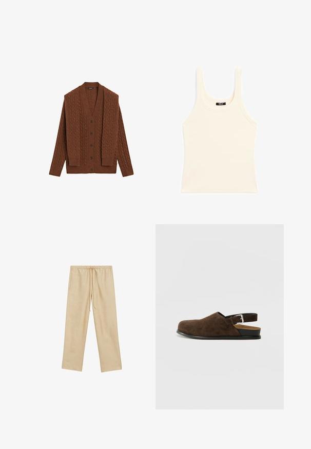 Brown cable-knit cardigan with a V-neck, long sleeves, and button front. Made of textured material, features vertical patterns, and dark buttons.; Light beige tank top made of ribbed fabric, featuring a round neckline and thick straps, with a fitted shape and minimal detailing.; Light beige, loose-fitting trousers with an elastic waistband and drawstring. Features two side pockets and a smooth texture.; Brown suede slip-on shoe with a low heel, an adjustable strap with a silver buckle, and a black rubber sole.