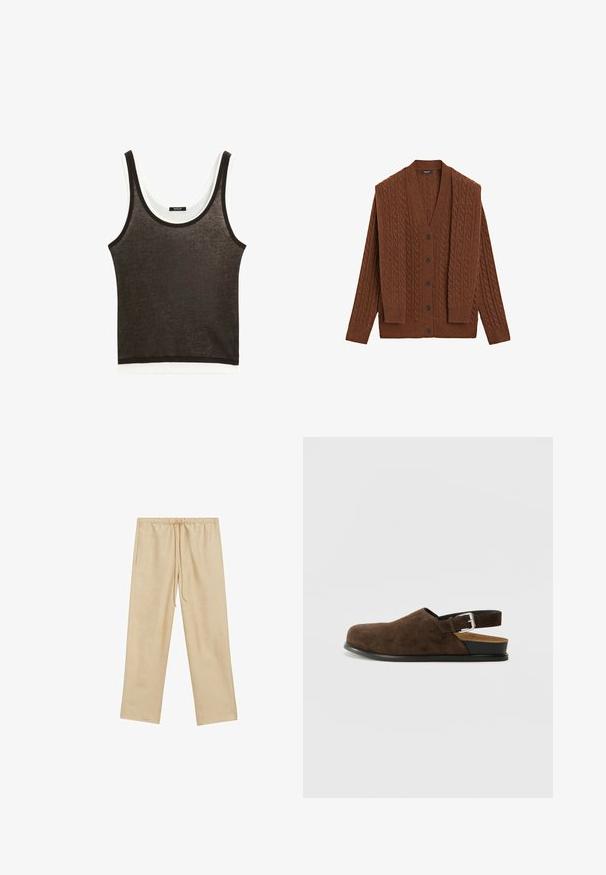Brun kabelstickad cardigan med V-ringning, långa ärmar och knäppning fram. Tillverkad av strukturerat material, har vertikala mönster och mörka knappar.; Mörkbrun ärmlös linne med vit horisontell fåll. Tillverkad i lätt tyg, med rund halsringning och minimalistisk design.; Ljusbeige, löst sittande byxor med elastisk midja och dragsko. Har två sidofickor och en slät textur.; Bruna mockaskor med låg klack, justerbart band med ett silverfärgat spänne och en svart gummisula.
