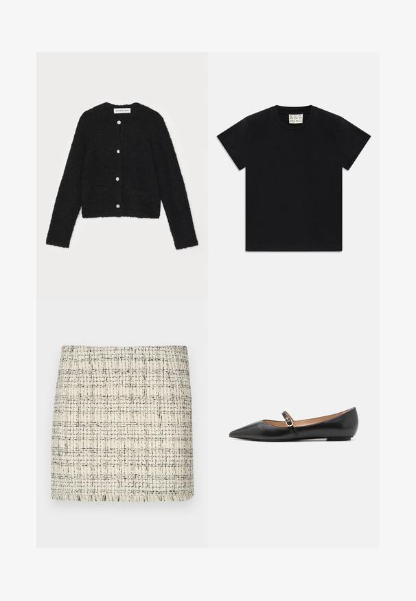 Černý chlupatý kardigan s kulatým výstřihem, dlouhými rukávy a pěti předními knoflíky. Obsahuje dvě přední kapsy a má zkrácený střih.; Černé tričko s krátkým rukávem a kulatým výstřihem s bílou cedulkou uvnitř límce s nápisem "D.R.C. EST. 2002" na bílém pozadí.; Kratká sukně z tweedu v krémové a černé barvě, s texturovaným vzorem, rovného střihu a třásněmi na spodním okraji pro zvýraznění detailu.; Černé kožené baleríny s špičatou špičkou a bočním páskem, který má kulatý zlatý akcent. Lehká konstrukce s plochou podrážkou.