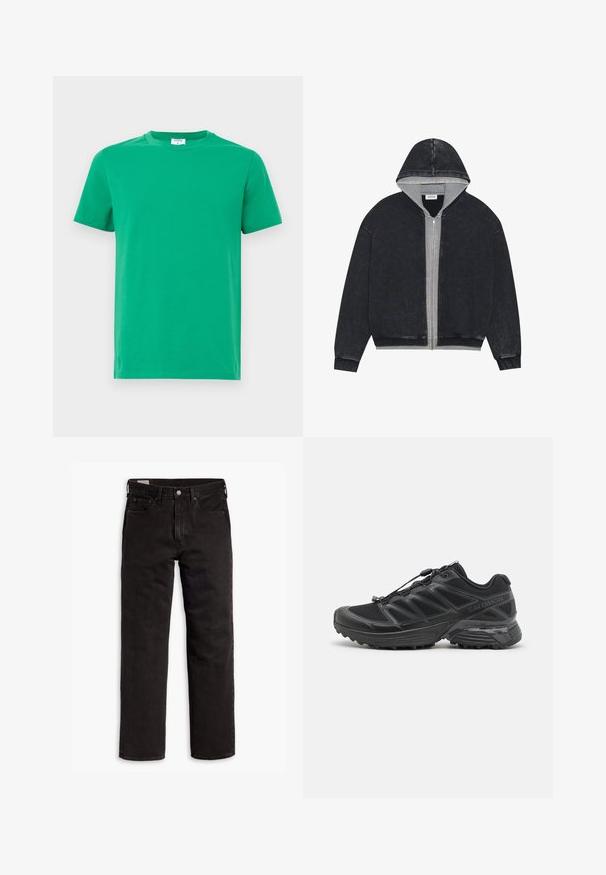 YOURTURN UNISEX - Sweatshirt com capuz - true black; T-shirt de algodão verde com mangas curtas, decote redondo e uma textura suave. Design simples, sem padrões ou adornos.; Jeans de denim pretos de perna reta com cinco bolsos, fecho de botão e passantes para cinto, dispostos em uma superfície branca.; Sapatilha de corrida preta com parte superior em malha e material sintético, sola flexível e atacadores elásticos. Apresenta uma palmilha amortecida para conforto.