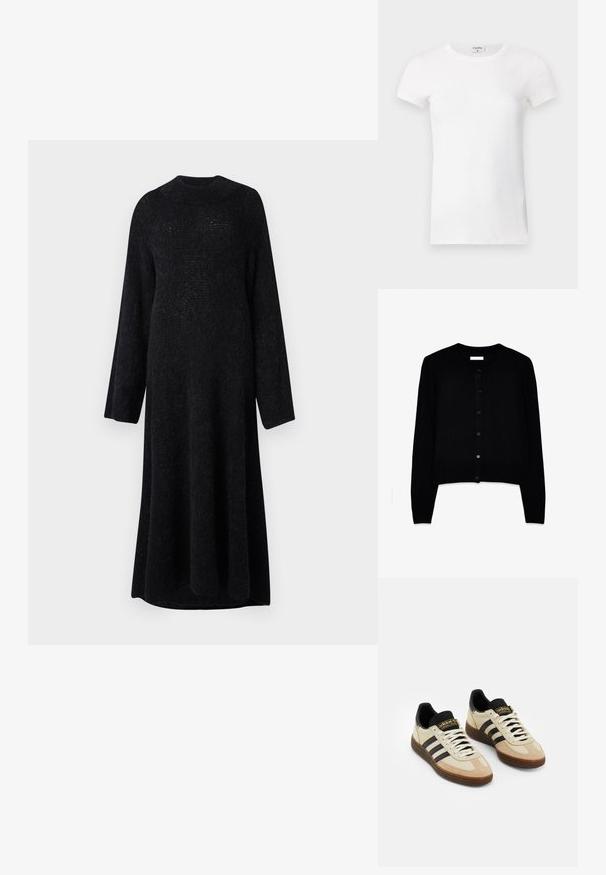 Juodas megztinis, pagamintas iš švelnaus trikotažo, su apvaliu kaklu, ilgomis rankovėmis ir priekiniais mygtukais, kurių yra šeši, suderinti tarpusavyje.; Ilga juoda megzta suknelė su apvalia iškirpte ir ilgomis rankovėmis, pasižyminti laisvu siluetu ir minkšta tekstūra.; Balta, raibota trumpa rankovėmis marškinėliai su apvaliu kaklu. Audinys atrodo lygus ir prigludęs. Prekės ženklo etikete matoma prie apykaklės.; Šviesiai rudos zomšos sportiniai bateliai su juodais odiniais akcentais, baltais raišteliais ir ruda guma išorėje. Kiekvienoje pusėje yra trys juodos juostos.