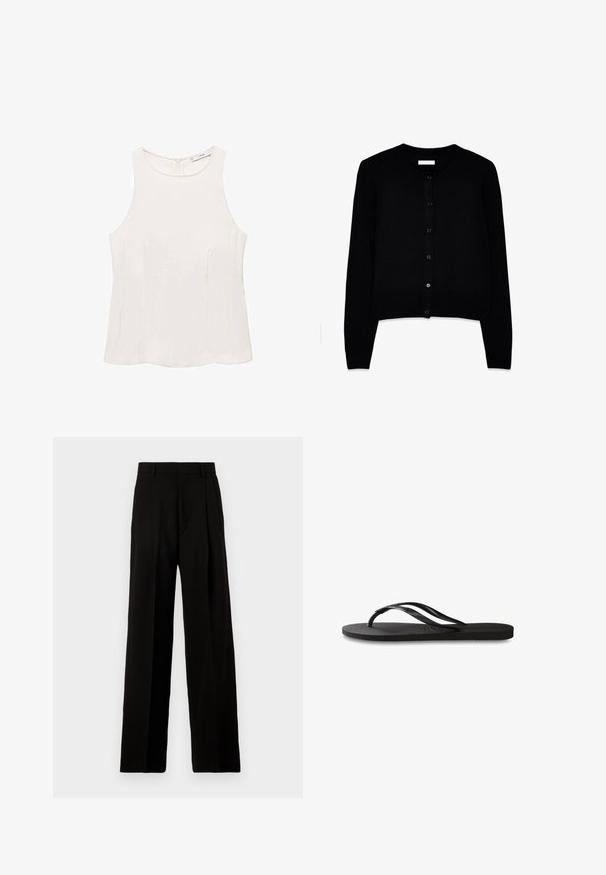 Black cardigan made of soft knit fabric, featuring a round neck, long sleeves, and a front button closure with six matching buttons.; Sleeveless cream top made from smooth fabric, featuring a round neckline, subtle seams, and a rear zip closure. Minimal design with no embellishments.; Black wide-leg trousers made of smooth fabric, featuring a high waist, front pleats, and a clean, tailored design without embellishments.; Black flip-flop featuring a textured rubber sole, two slender straps, and a subtle, embossed logo detail on the strap.