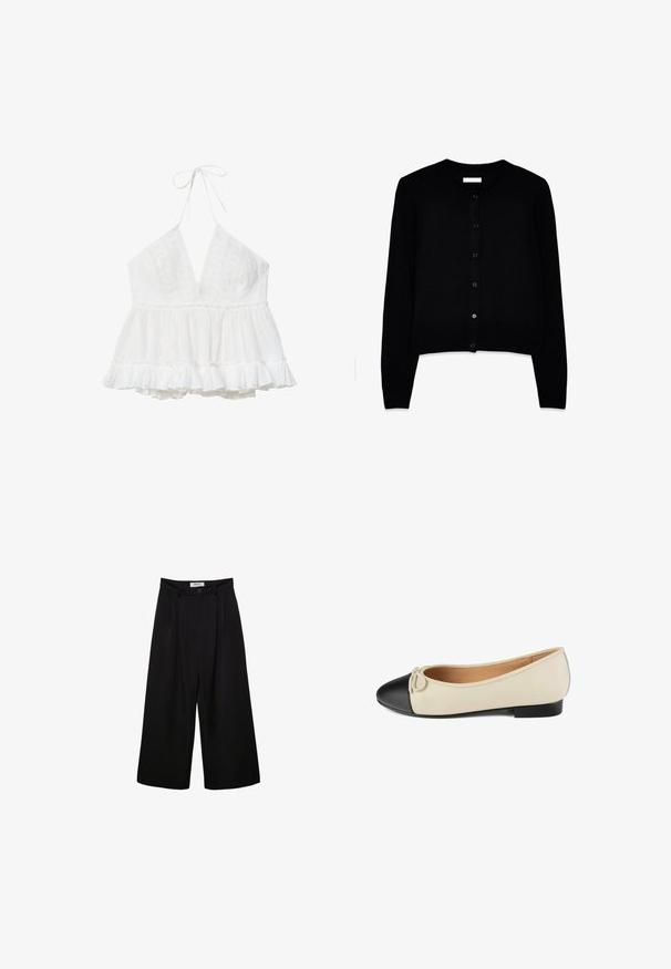 Black cardigan made of soft knit fabric, featuring a round neck, long sleeves, and a front button closure with six matching buttons.; White sleeveless halter top with deep V-neck, lace detailing on bodice, and ruffled peplum hem for a flowy fit.; Black wide-leg trousers with a high waist, pleated front, and button closure. Made from smooth fabric with a tailored design.; Ballet flats in beige leather with a black rounded toe and small bow accent. Low black heel and smooth texture on the upper material.