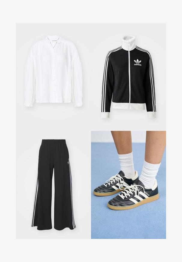 Juodas užtrauktukas džemperis su aukštu apykakle, baltu Adidas logo ir trimis baltais dryžiais ant rankovių, pagamintas iš lygios, kvėpuojančios medžiagos.; Balta ilgomis rankovėmis marškiniai su klostuotomis tekstūromis ir mandarinų apykakle, pasižymintys laisva prigludimo forma ir subtiliais siuvinėjimo akcentais.; Juodos plačios kojų džinsinės kelnės su elastingu juosmeniu, turinčios baltas šonines juosteles ir išsiuvinėtą logotipą kairiajame šlaunyje.; Juodos odinės sportbačiai su baltais dryžiais, apvalia nosimi, baltais raišteliais ir guminiu padu. Pabrėžti paminkštinta apykakle ir prekių ženklų detalėmis.