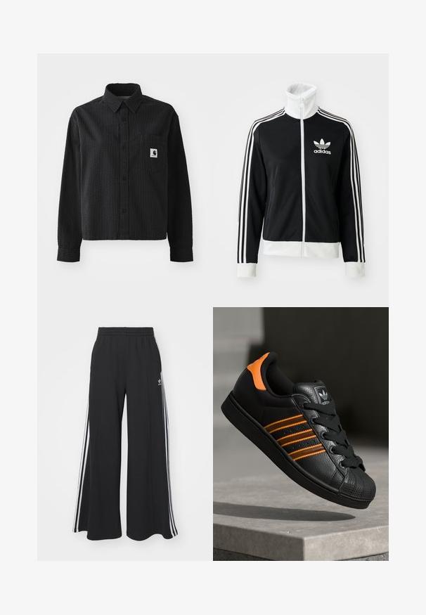 Veste zippée noire avec un col montant, logo Adidas blanc et trois bandes blanches sur les manches, fabriquée en tissu lisse et respirant.; Chemise noire à manches longues avec un motif gaufré, fermeture éclair à boutons, col et poche poitrine avec un patch logo.; Pantalons de survêtement larges noirs avec une taille élastique, présentant des rayures blanches sur les côtés et un logo brodé sur la cuisse gauche.; Baskets noires avec des accents orange, trois bandes horizontales, tige en cuir texturé, protection en caoutchouc à l'avant et lacets noirs.