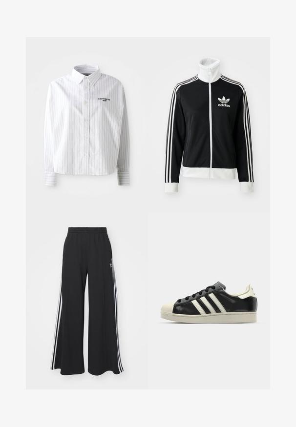 Černá zipová bunda s vysokým límcem, bílým logem Adidas a třemi bílými pruhy po rukávech, vyrobená z hladké, prodyšné tkaniny.; Bílá košile s dlouhým rukávem, vertikálními šedými pruhy, s límečkem na knoflíky a logem na levé části hrudi. Měkká látka s uvolněným střihem.; Černé pohodlné tepláky širokého střihu s elastickým pasem, na boční straně s bílými pruhy a vyšitým logem na levé stehně.; Černé kožené sneakers s bílými pruhy, gumovou špičkou, černými tkaničkami a krémovou podešví. Hladký povrch s lesklým finišem.