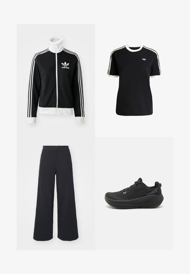 Chaqueta negra con cierre delantero, cuello alto, logo blanco de Adidas y tres franjas blancas en las mangas, hecha de un tejido liso y transpirable.; Camiseta de algodón negra con acentos en blanco en el cuello y las mangas, que presenta tres rayas blancas en cada hombro y un pequeño logo en el pecho.; Pantalones de chándal negros de pierna ancha, hechos de una tela suave, con una cintura elástica y un pequeño logo en el lado izquierdo.; Zapato atlético negro con un diseño aerodinámico, parte superior texturizada con acentos de malla y suela acolchada para soporte.