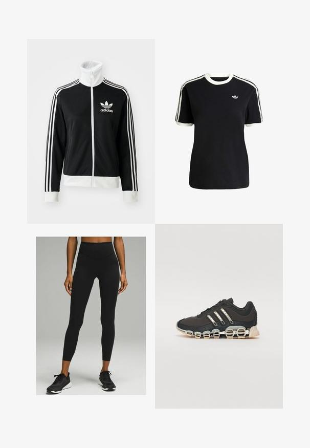 Giacca nera con zip e colletto alto, logo Adidas bianco e tre strisce bianche lungo le maniche, realizzata in tessuto liscio e traspirante.; T-shirt nera in cotone con accenti bianchi sul collo e sulle maniche, caratterizzata da tre strisce bianche su ciascun spalla e un piccolo logo sul petto.; Leggings neri a vita alta con una superficie liscia e un design aderente, abbinati a scarpe da ginnastica nere con suola bianca.; Scarpa da ginnastica nera con tomaia testurizzata, tre strisce argentate e una suola ammortizzata distintiva con più sezioni integrate.